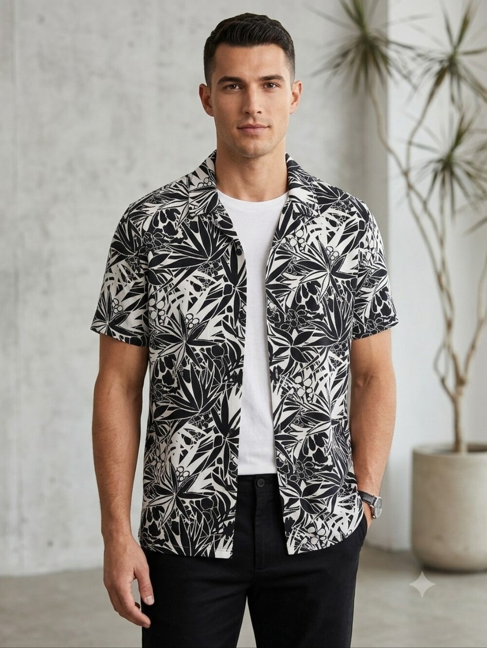 Express Men's Black & White Tropical Print Short-Sleeve Shirt, Size XXL